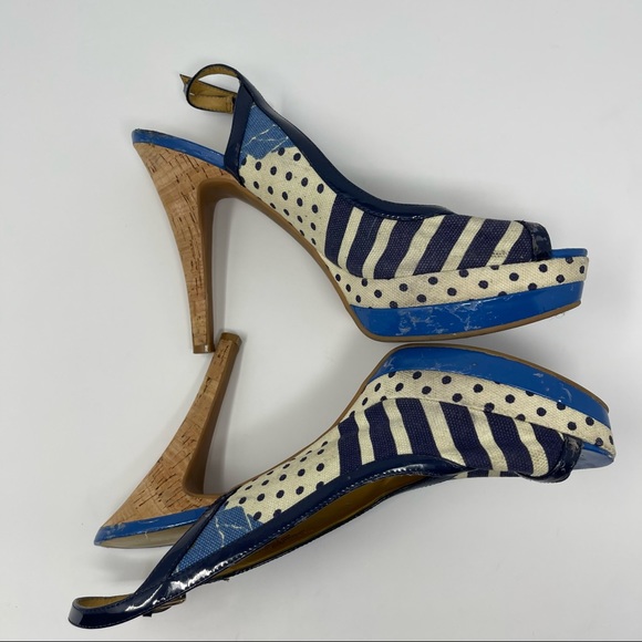 Nine West Blue Patterned Cork Heel Slingback Peep Toe Pumps Size 10 - Picture 7 of 8